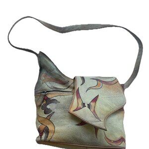 Vintage Magnifique Painted Peacock Art Leather Butterfly Floral Shoulder Bag